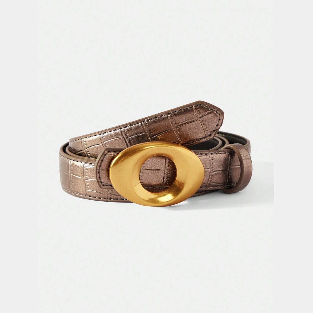 Bronze Croc-Embossed Vegan Leather Belt with Oval Gold Buckle